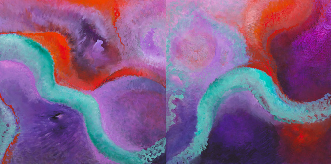 Anne Madden, Solar Flares, 2013, oil on canvas, diptych, 120 x 240 cm