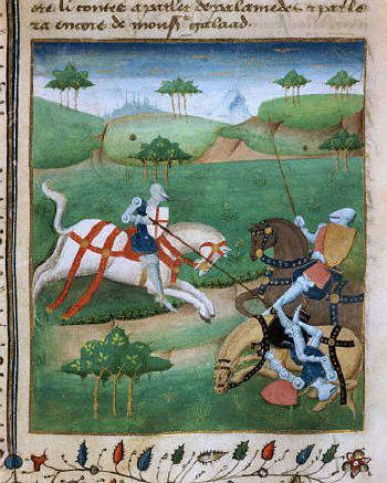 Manuscript Illumination of Percival and Lancelot Attacking Galaad From the Romance of Saint Graal 15th с