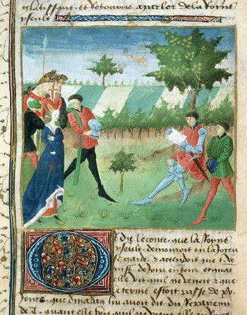 Manuscript Illumination of Tristan Reading the Letter Delivered to Him by the Messenger From King Yseult                                                             From the Romance of Saint Graal 15th c